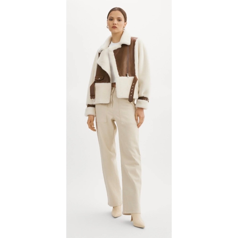 Lamarque Elody Ivory Brown Faux Fur Moto Jacket Medium